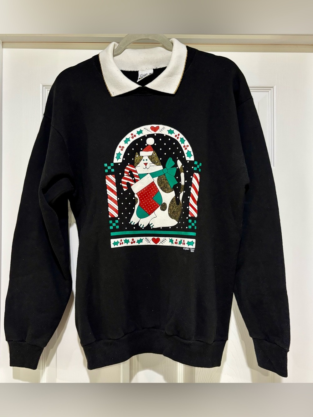 Vintage 90s Gopher Sport Christmas Cat sweatshirt festive Mock collar Women’s L
